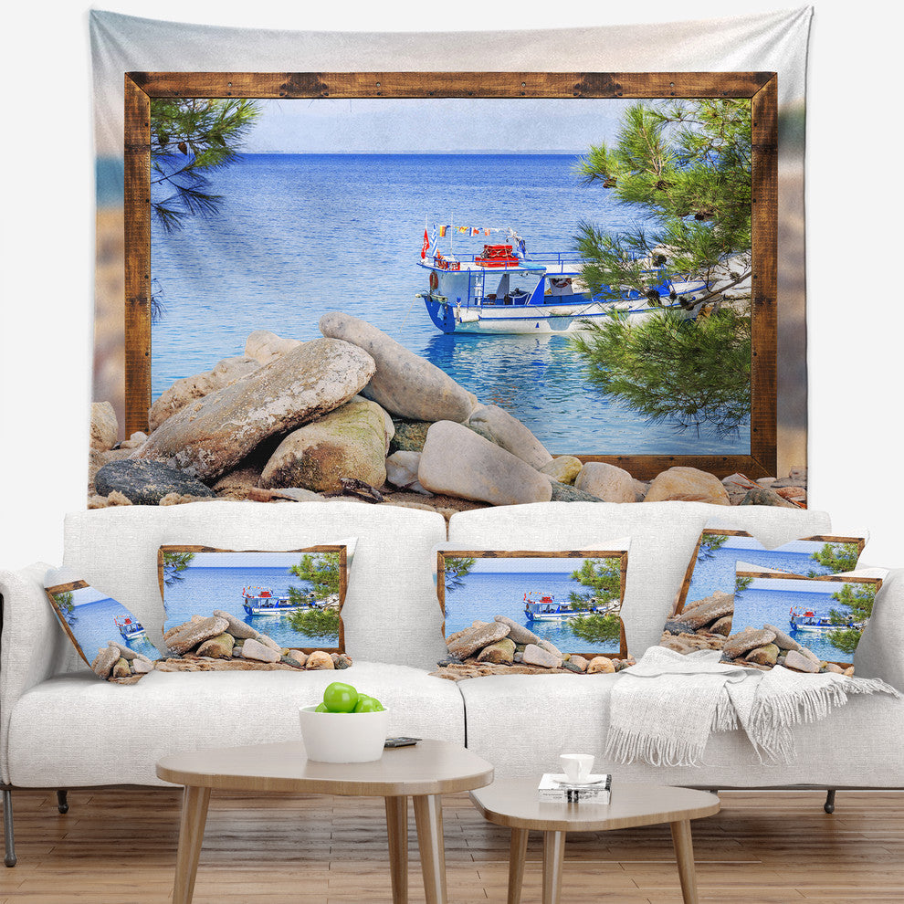 Framed Effect Boat in Ocean Seashore Wall Tapestry, 39"x32"