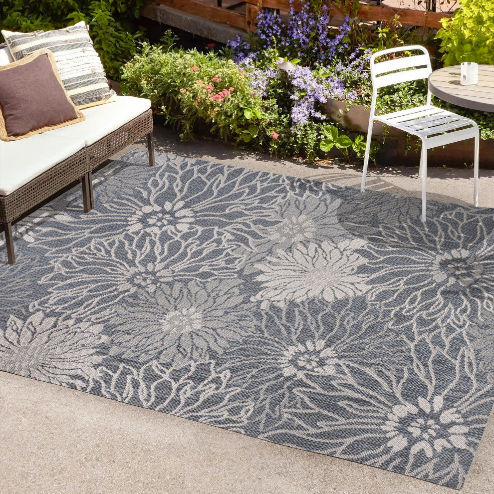 Bahamas Modern All-Over Floral Indoor/Outdoor Area Rug, Navy/Gray, 3x5