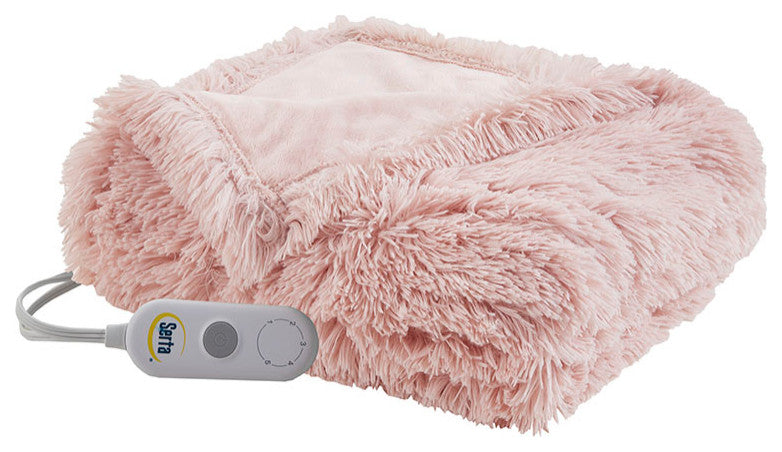 Serta Malea Shaggy Faux Fur Heated Throw, Blush
