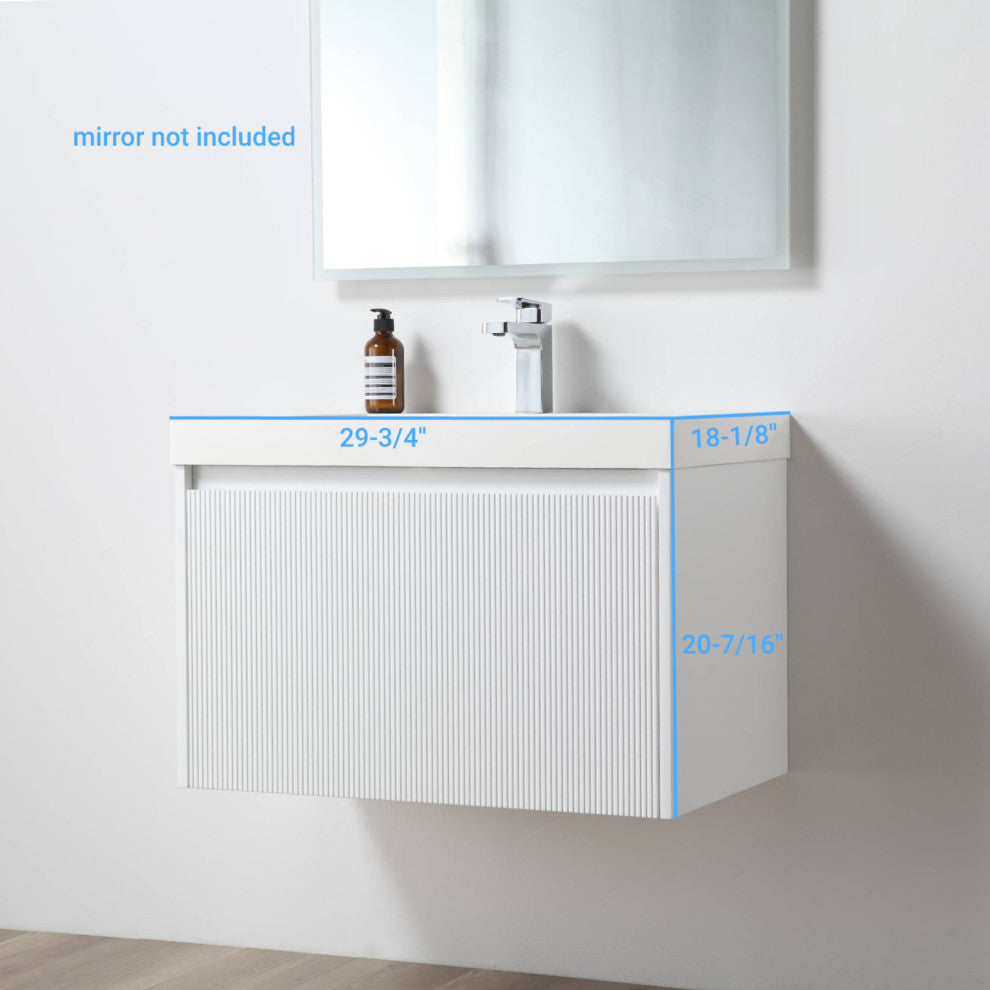 Floating Bathroom Vanity with Sink, Wall Mounted Vanity, White, 30" W/ Sink