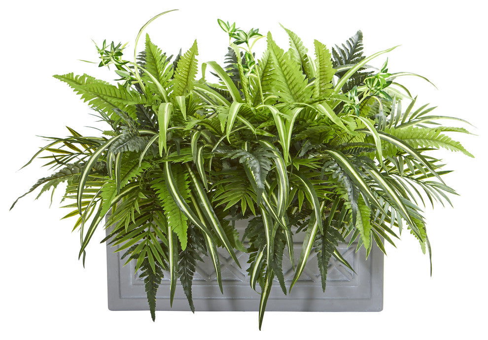 Mixed Greens and Fern Artificial in Stone Planter