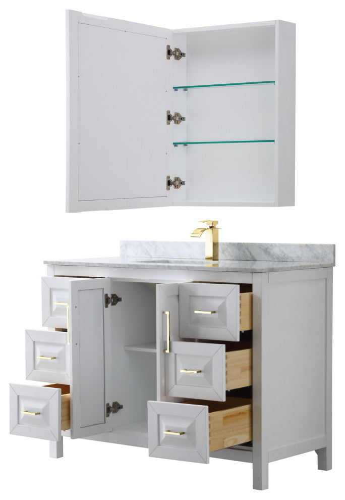 48"SGL Bathroom Vanity White, Carrara Countertop, Sink, Med. Cabinet, Gold Trim