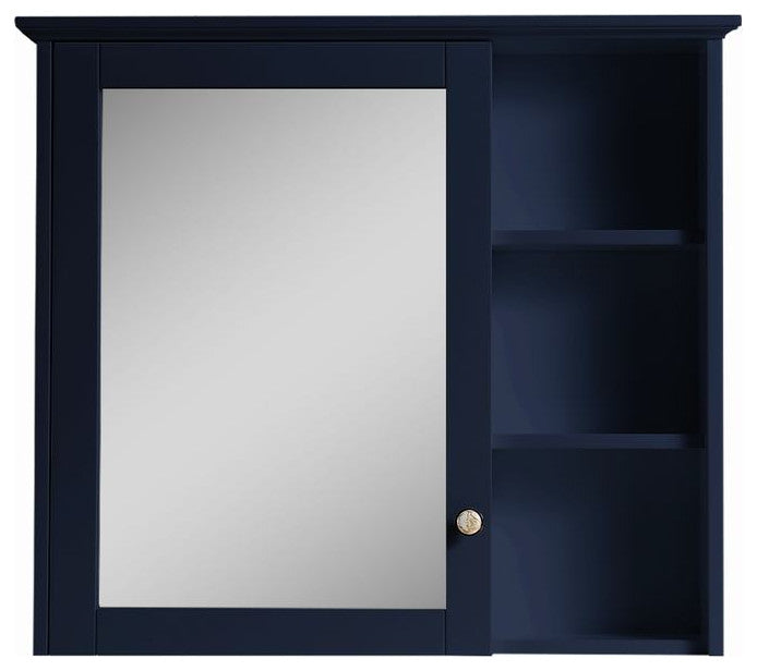 Solid Wood Bathroom Medicine Cabinet With Silver Coated Mirror, Navy Blue, 34"x30"