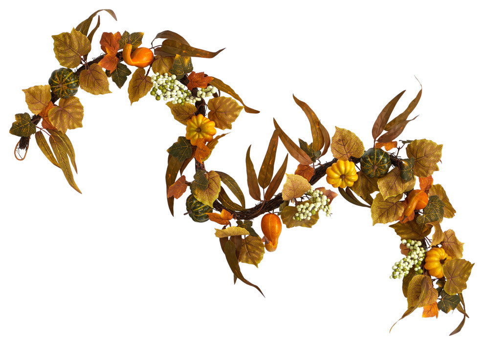 6' Fall Green and Orange Assorted Pumpkin & Gourds, White Berries Autumn Garland