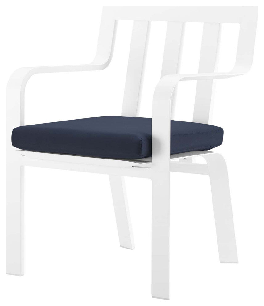 Outdoor Patio Side Dining Armchair Chair, Fabric Aluminum, Navy Blue White