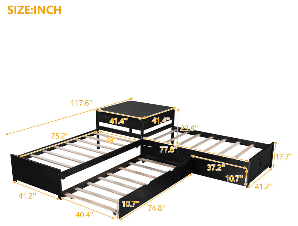 Twin Wood Frame Platform Bed with Trundle and Drawers Linked with built-in Desk,