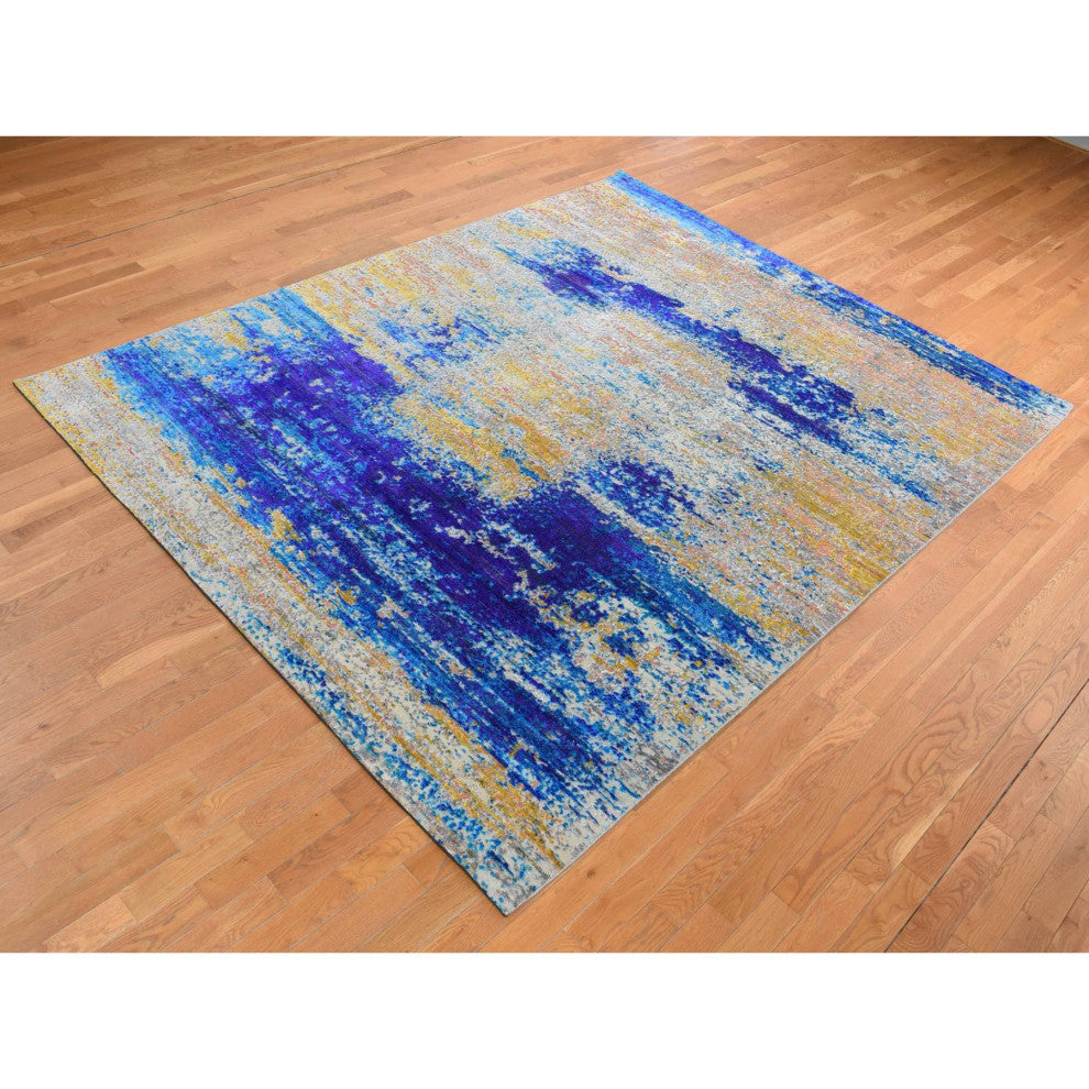 Gold Color, Silk With Wool, Abstract Design, Hand Knotted Rug, 7'10"x10'