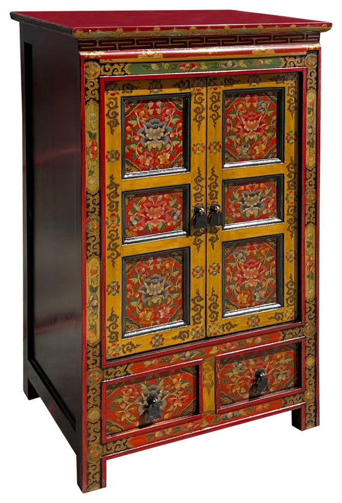 Tibetan Orange Yellow Jewel Floral Tall End Table Nightstand Cabinet Hcs7625