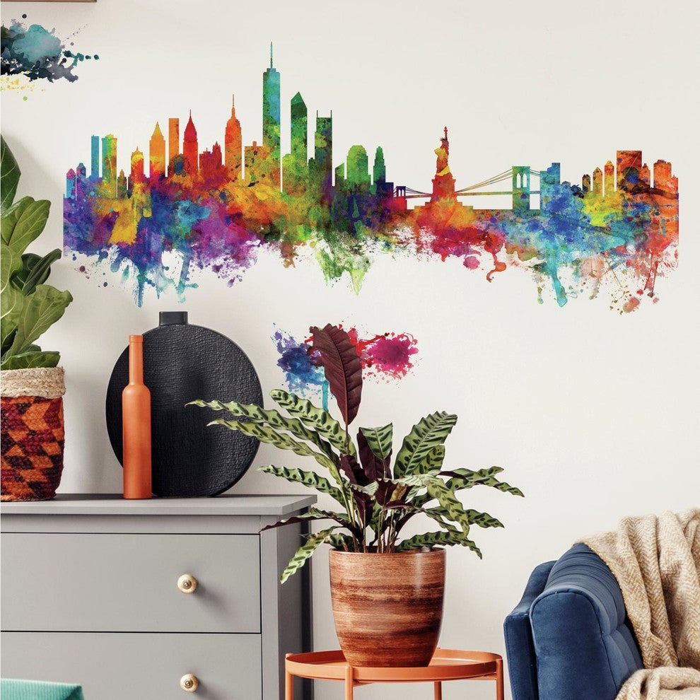 New York City Watercolor Skyline Peel and Stick Giant Wall Decals