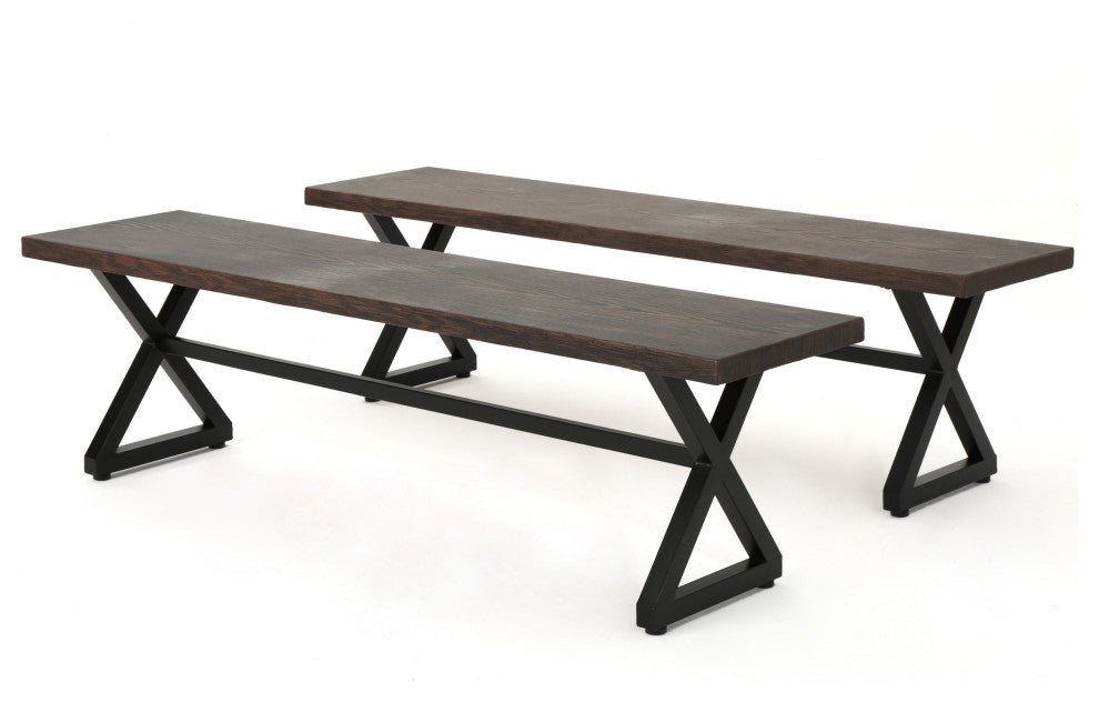 GDF Studio Rosarito Outdoor Dining Bench With Black Steel Frame, Set of 2, Brown