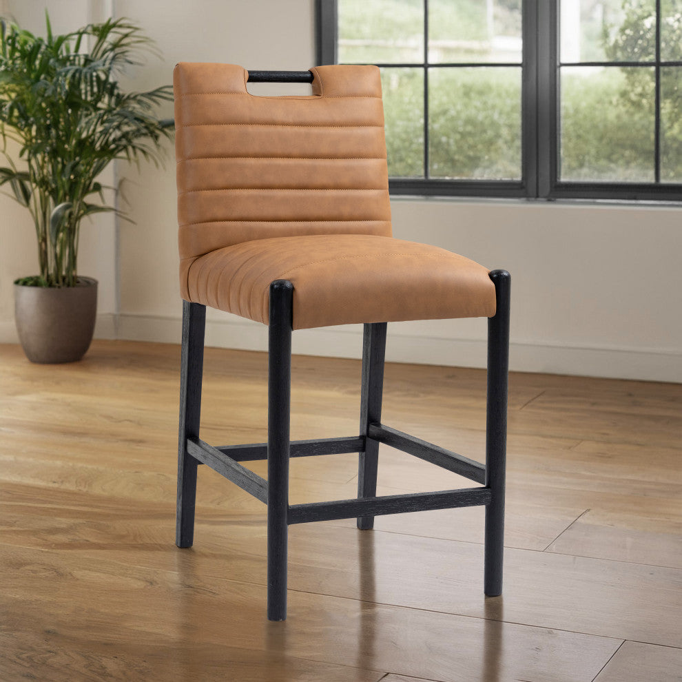 Aimee Upholstered Counter Stool, Cognac, Vegan Leather, Black Finish