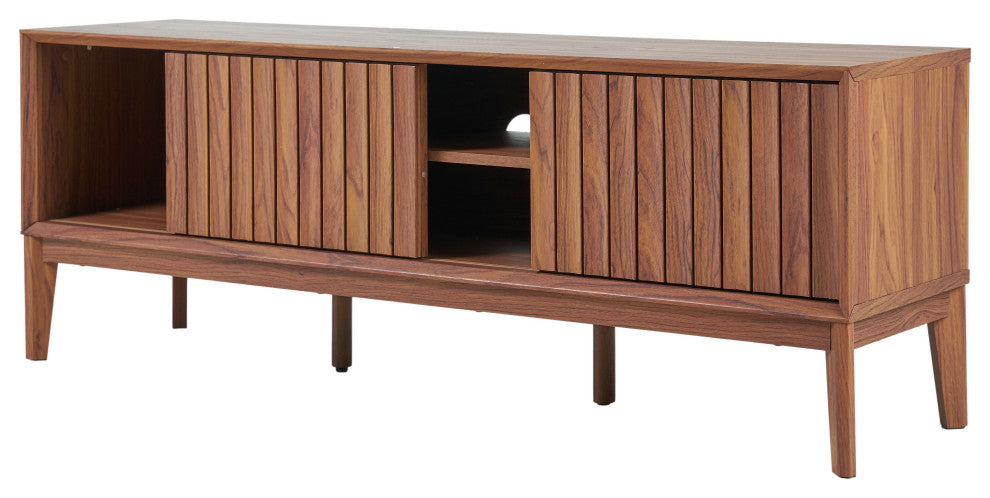 3-Storage Sliding Door TV Stand Fits TVs up to 65 in, Cable Management, Walnut