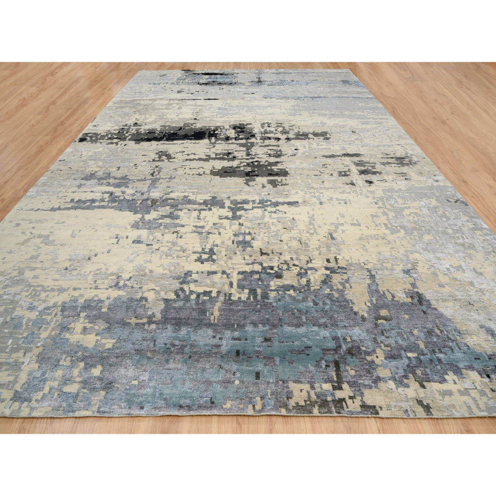 Gray Wool and Silk Hand Knotted Modern Abstract Design Oversized Rug 12'0"x17'9"