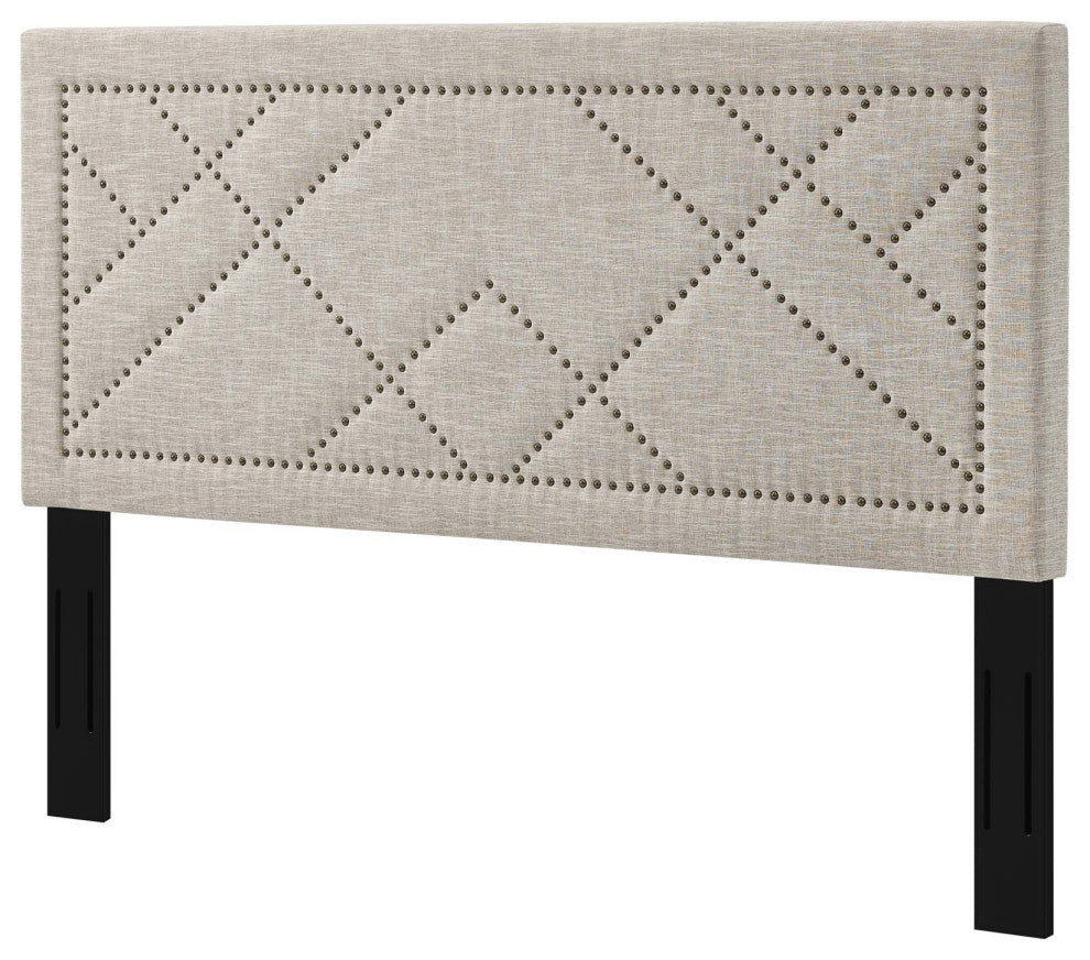 Contemporary Modern Full and Queen Size Headboard, Rivet Nail, Fabric, Beige