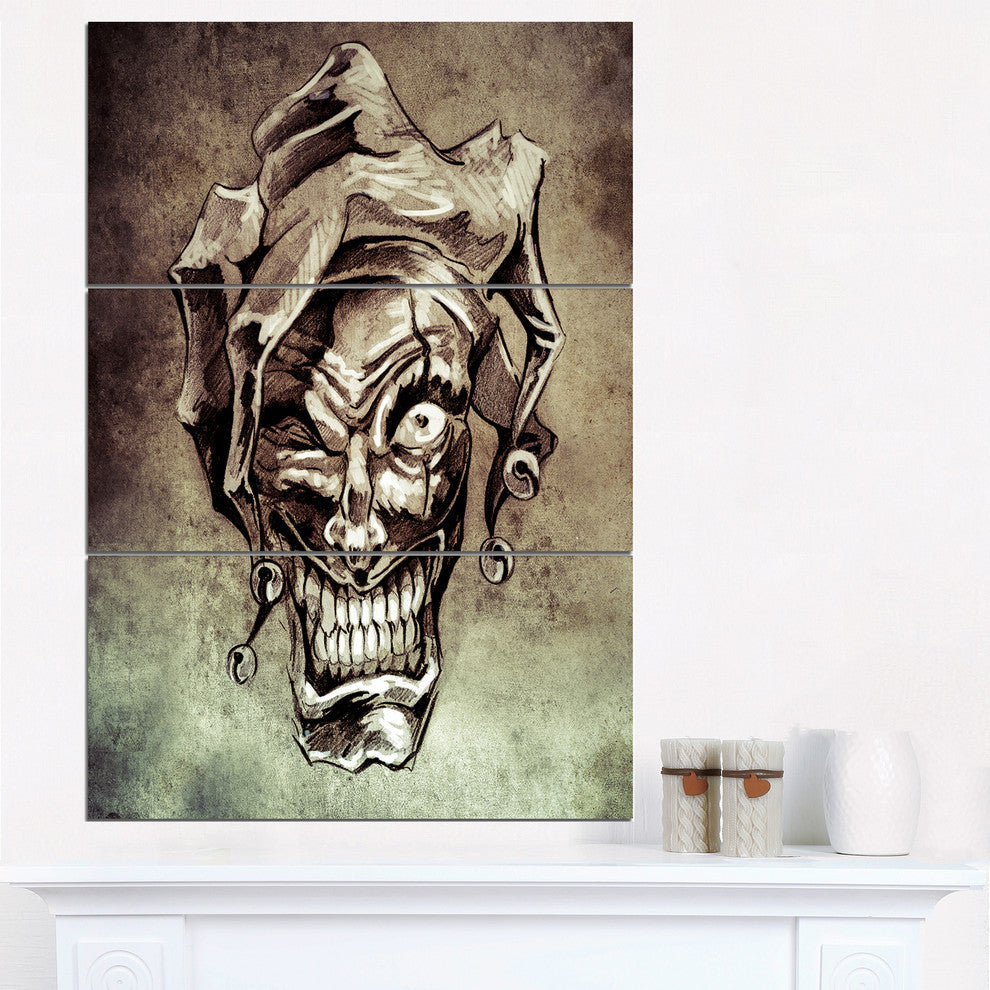 "Fantasy Clown Joker Tattoo Sketch" Digital Metal Wall Art, 3 Panels, 28"x36"