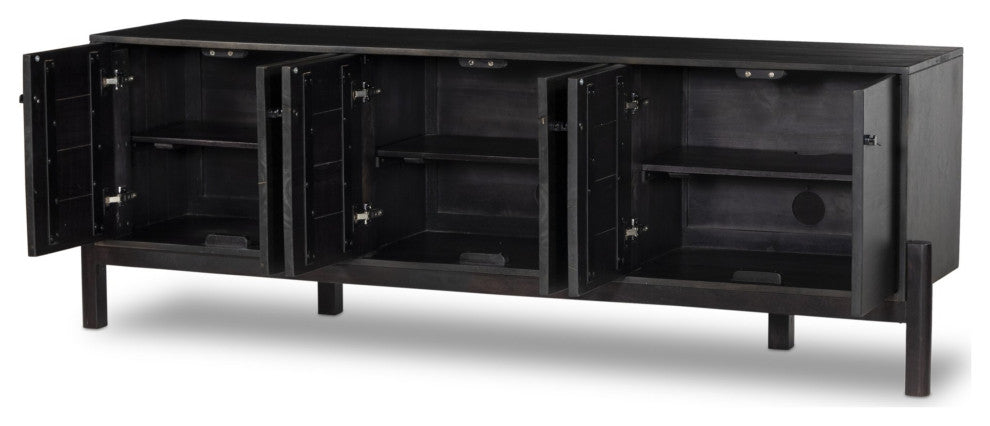Reza Media Console Worn Black Parawood, Gunmetal Black, Worn Black Acacia