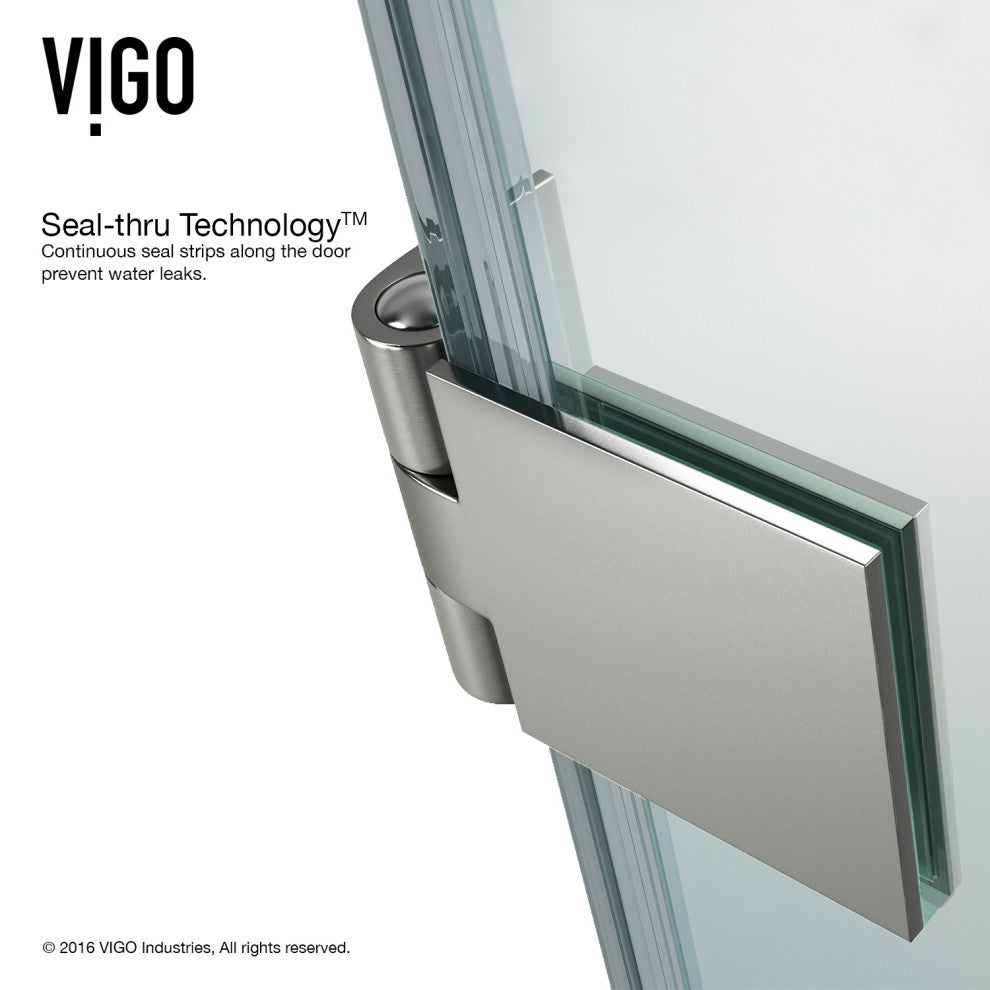VIGO Rialto 34" W x 58" H Frameless Hinged Tub Door, Stainless Steel, Clear Glass