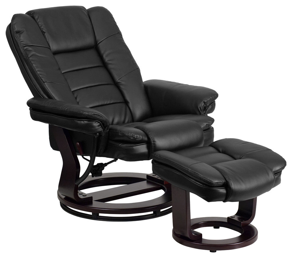 Black Leather Recliner and Ottoman With Swiveling Mahogany Wood Base