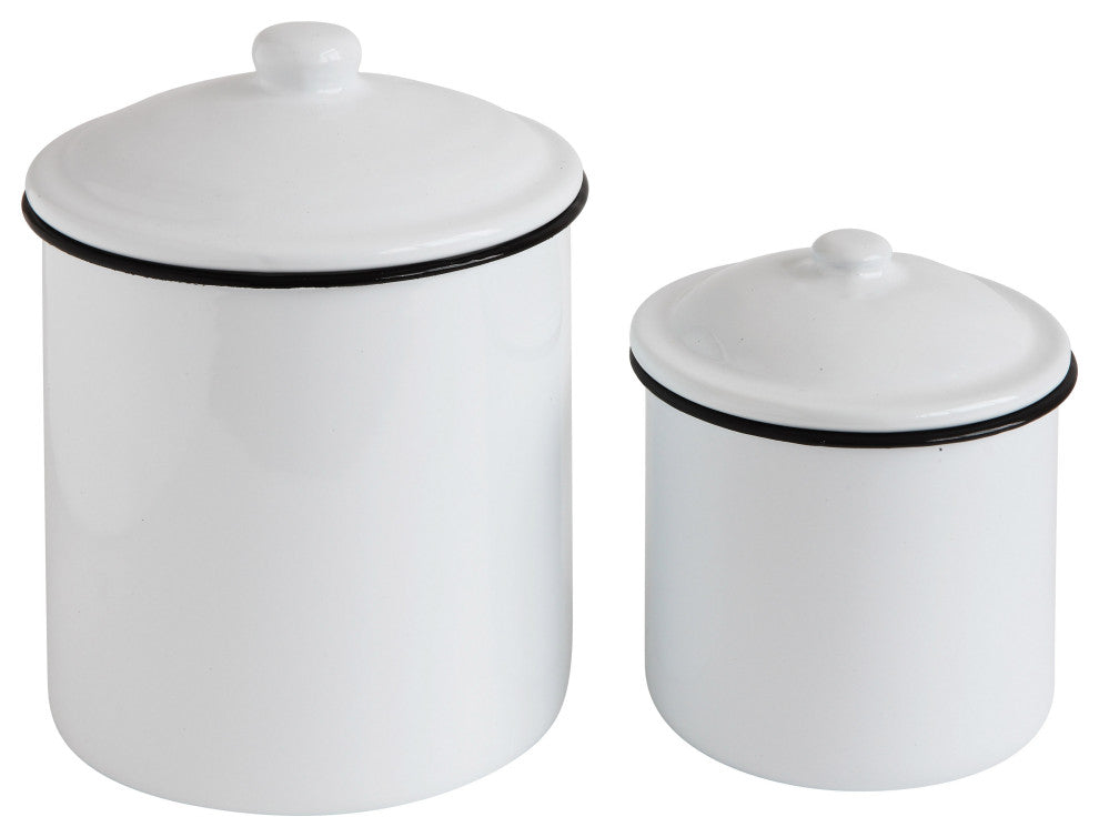 White Enameled Canisters With Lids, 2-Piece Set