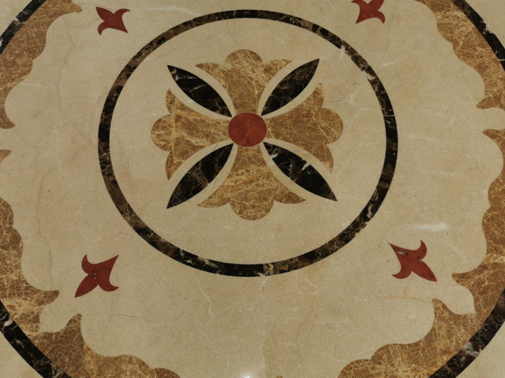 Marble Medallion Garden Emperador Rojo 36" Inlay Waterjet Art Piece, 1 piece