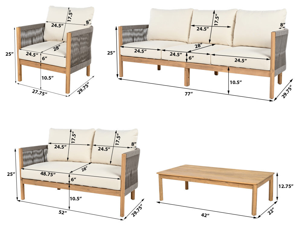 GDF Studio Outdoor 5-Piece Acacia Wood Patio Chat Set, Teak/Gray/Beige