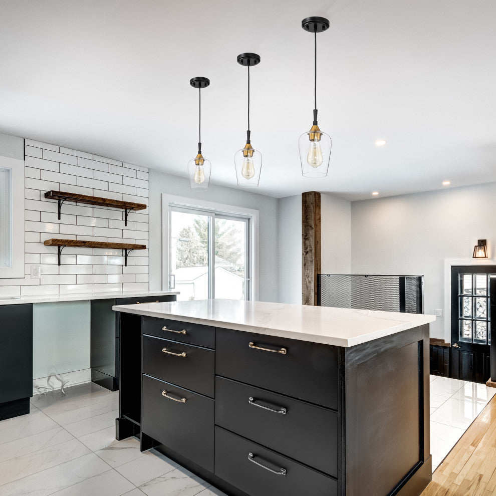 1-Light Black and Antique Brass Modern Mini Pendant With Clear Glass Shade
