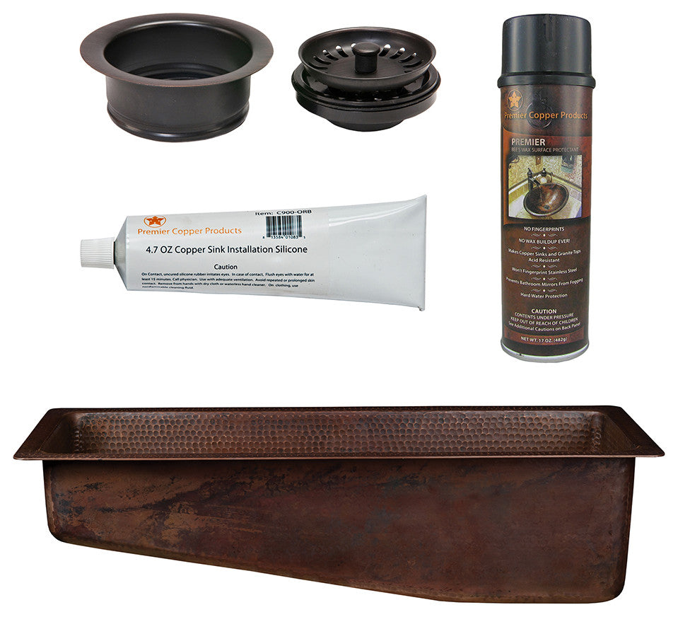 28" Rectangle Hammered Copper Slanted Bar/Prep Sink, 3.5" Drain Opening