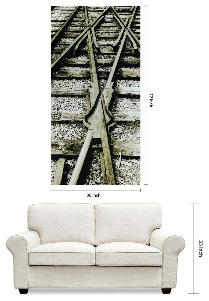 "Crossroads" Train Tracks Wall Art Frameless Free Floating Tempered Glass 72"x36