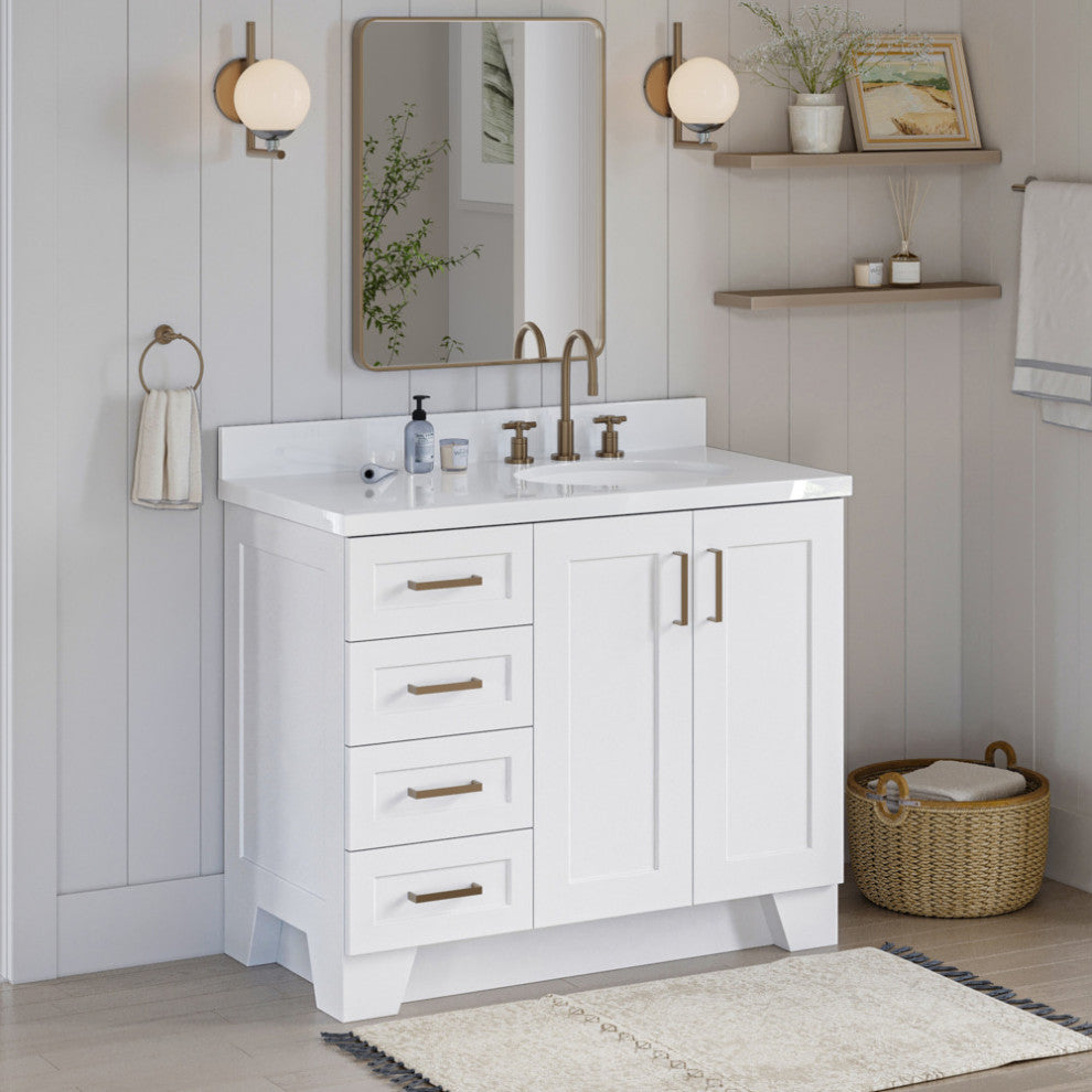 ARIEL Taylor 43" Right Offset Oval Sink White Vanity White Quartz Top, No Mirror