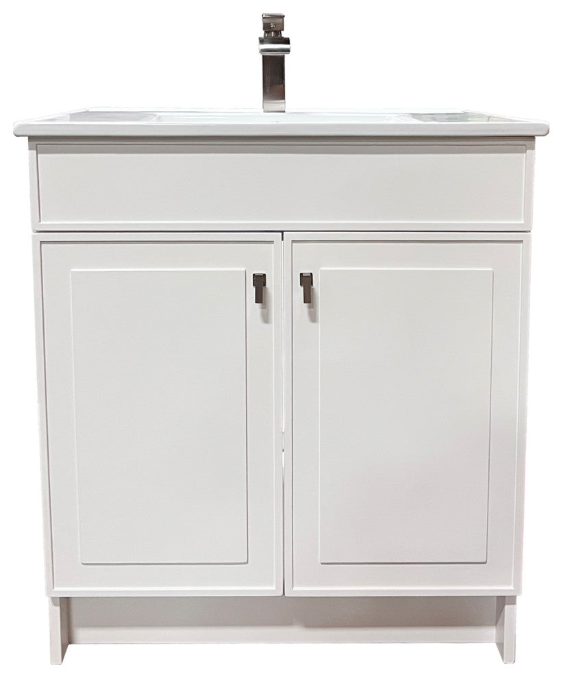 SmartFold 31" Single Sink Vanity, White With White Ceramic Top, Brushed Nickel