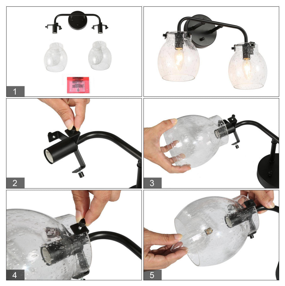 LALUZ 2 Light Matte Black Modern Bathroom Vanity Light with Globe Seeded Glass