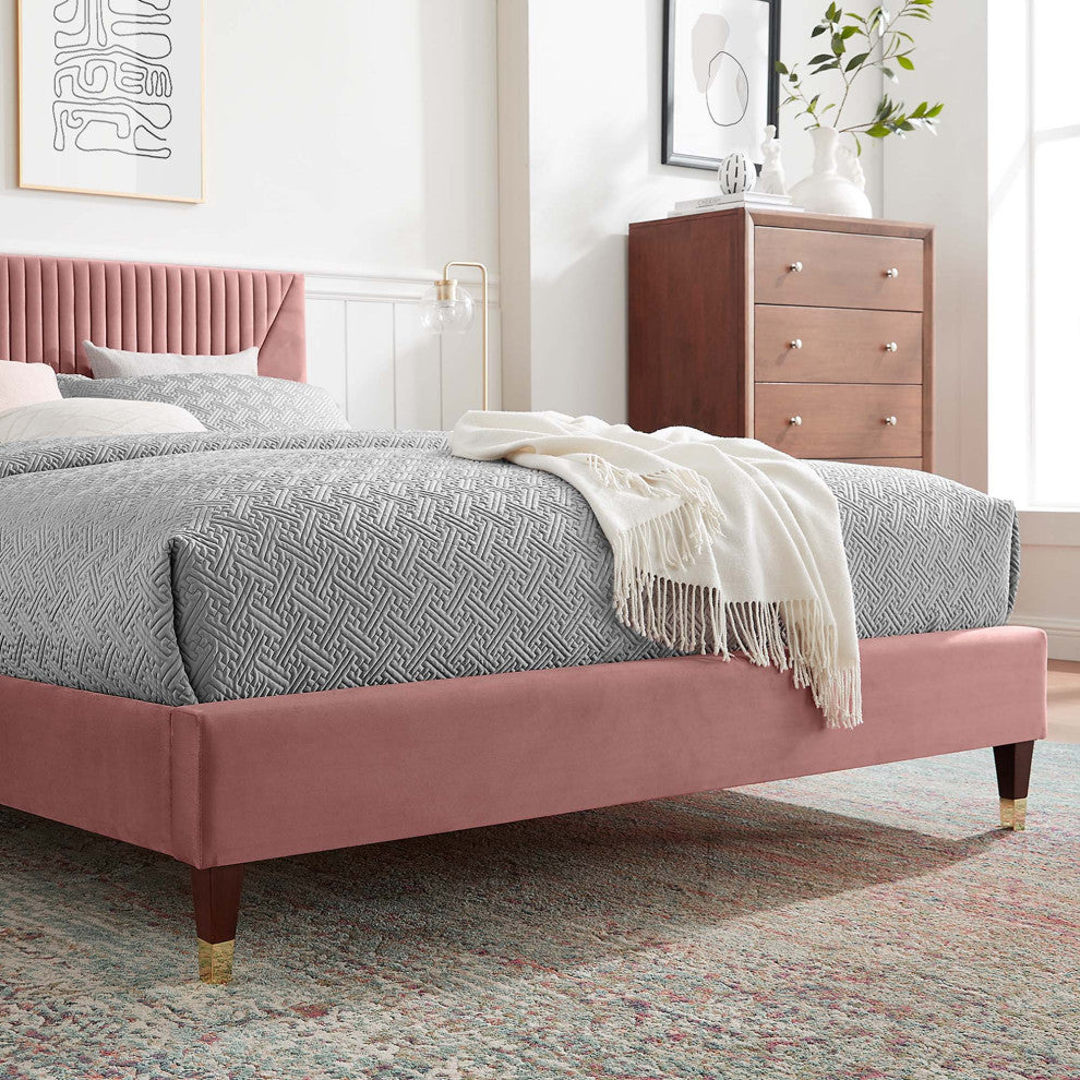 Yasmine Channel Tufted Performance Velvet Full Platform Bed, Dusty Rose