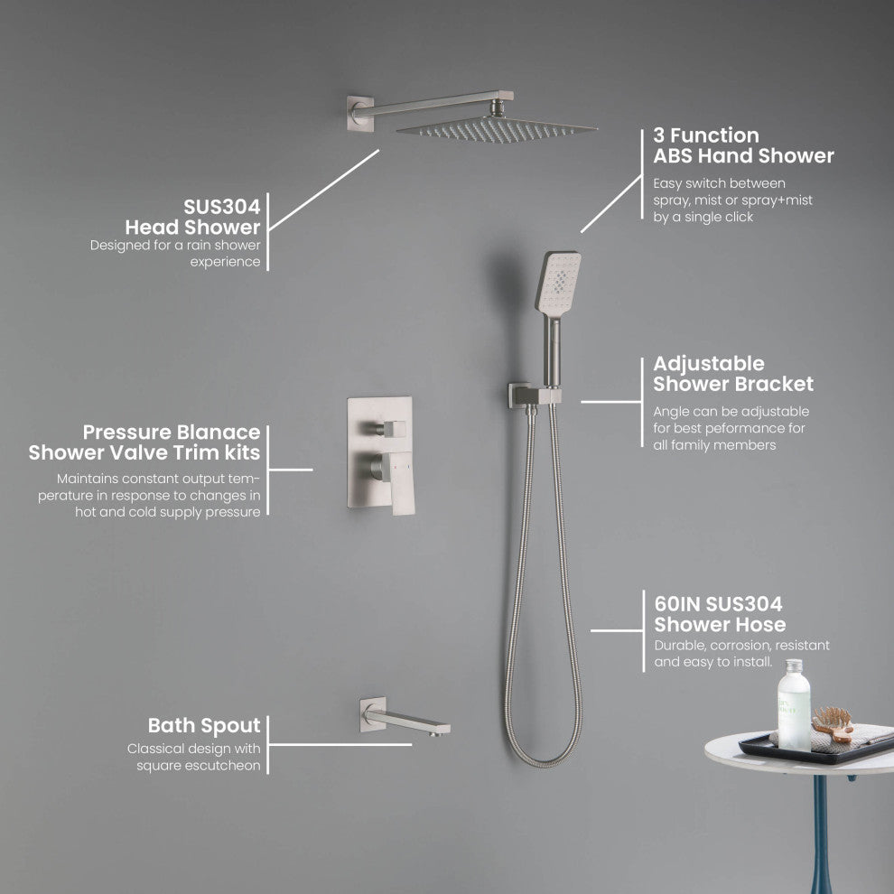 Cube Pressure 3-Function Shower System, Rough-In Valve, Brushed Nickel