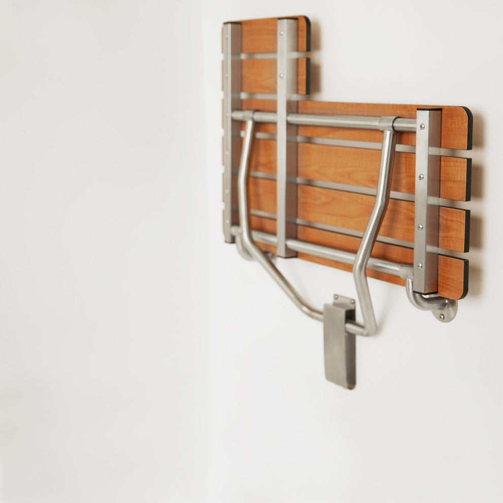 Teak Phenolic Wall-Mount Folding Transfer Bench Shower Seat, Right-Handed, 26"
