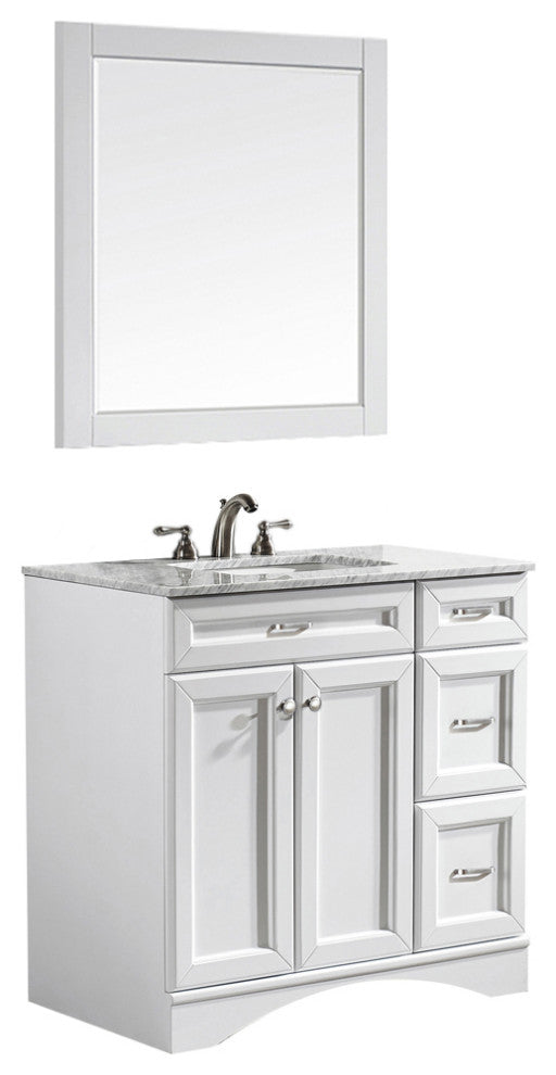 Naples 36" Vanity in White with Carrara White Marble Countertop With Mirror