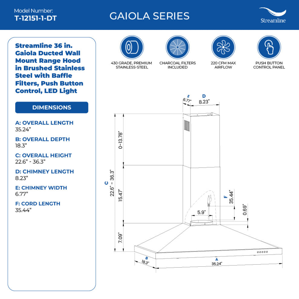 Streamline 36" Gaiola Ducted Wall Mount Range Hood, Stainless Steel