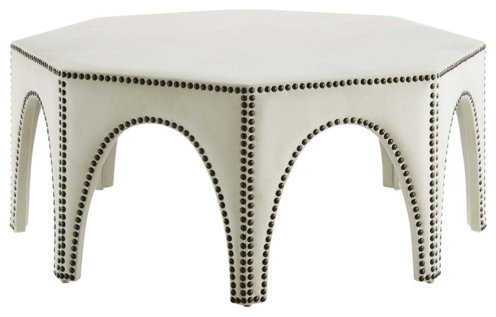 Ottoman Accent Chair, Nailhead, Ivory White, Velvet, Modern Lounge Cafe