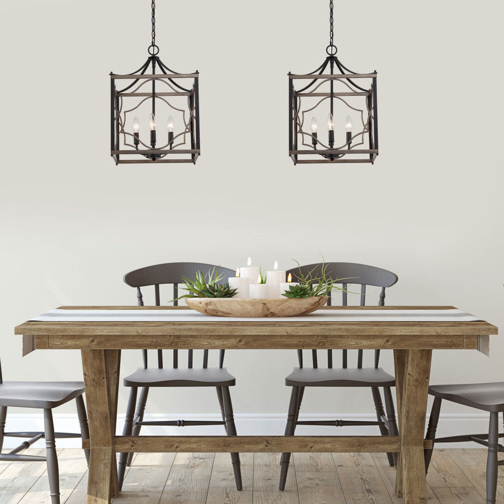 LNC Farmhouse 4-Light Sqaure Black Chandelier With Wood Accent