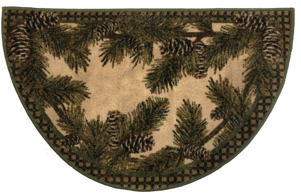 Cozy Cabin Rustic Lodge  Kitchen Accent Rug, 19"x31" Half Moon, Pine Cone Gingha