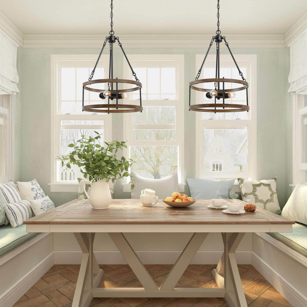 LNC 3-Light Drum Farmhouse Metal Black Pendant Chandelier 23"H