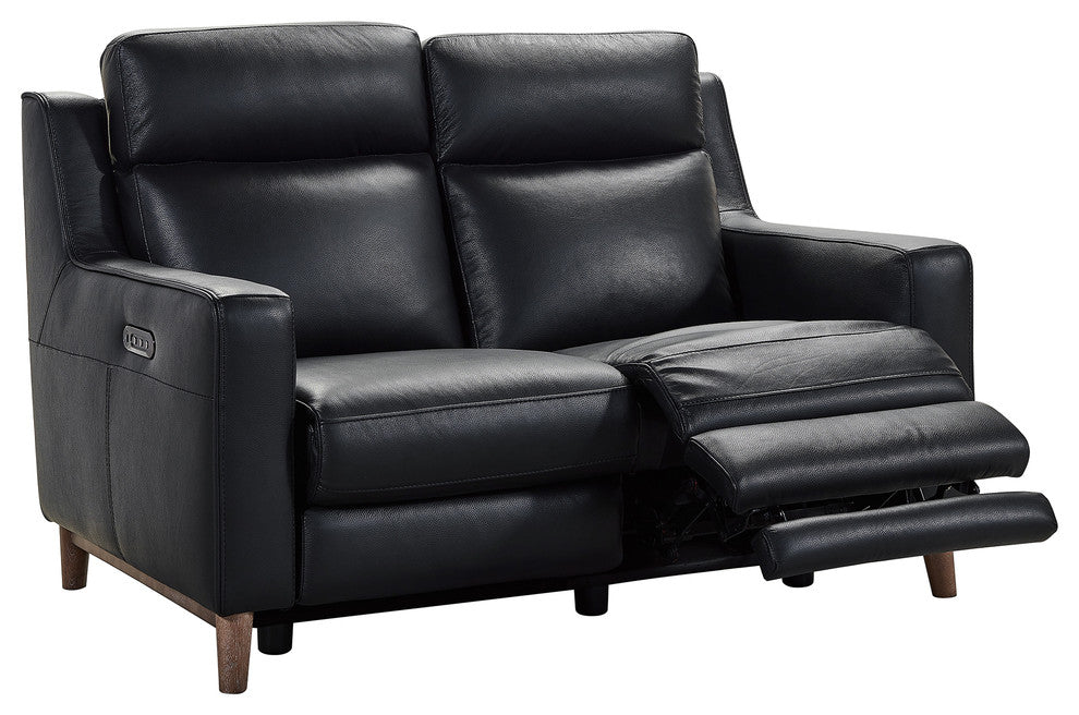 Wisteria Loveseat In Light Brown Wood Finish And Black Genuine Leather