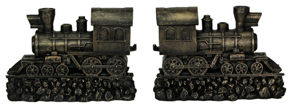 Set of 2 Bronze Steam Locomotive Bookends Decorative Resin Train Shelf Decor Ar