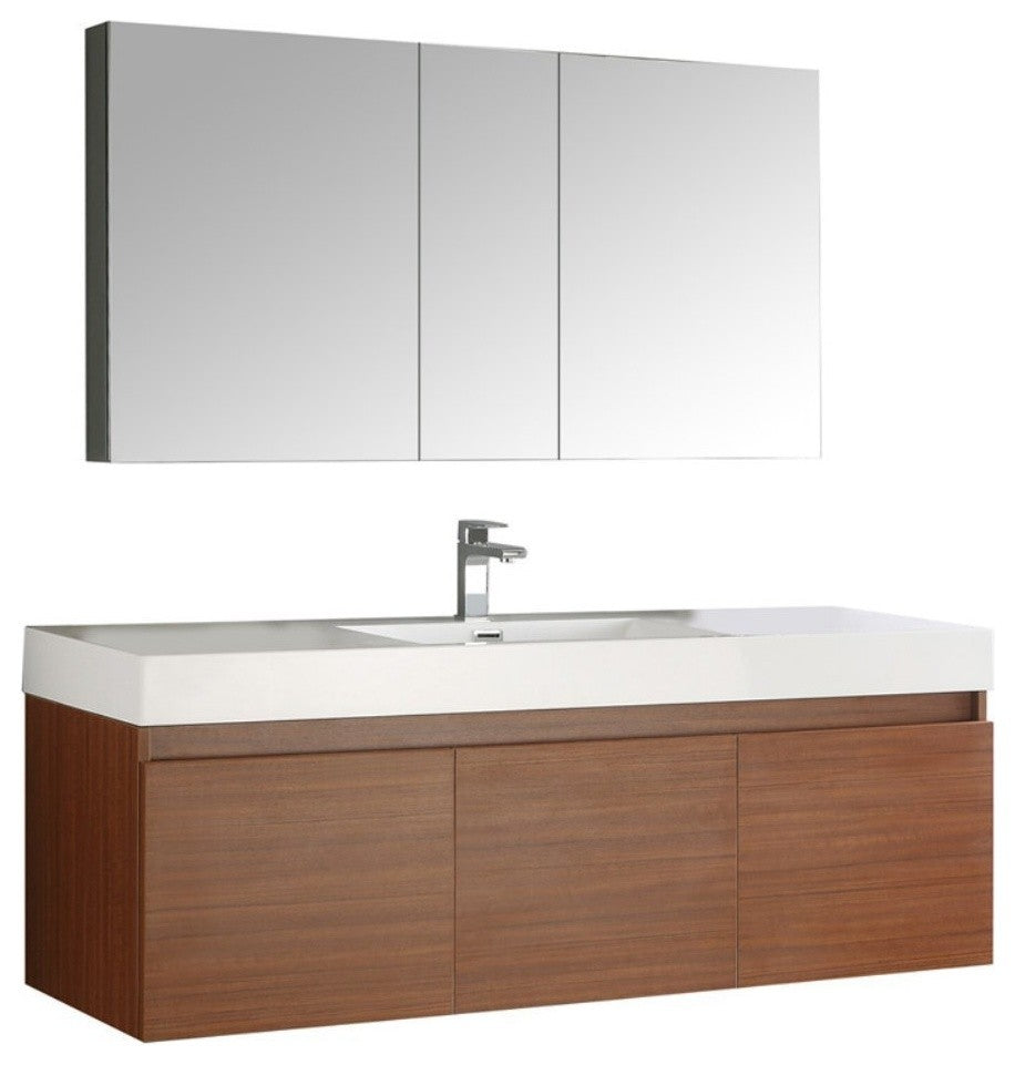 Mezzo 60" Teak Wall Hung Single Sink Modern Bathroom Vanity, FFT3111CH