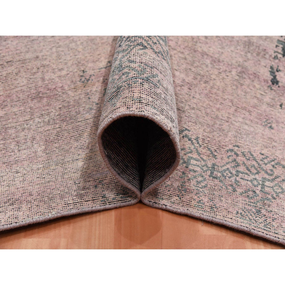Pink and Gray, Hand Knotted Erased Persian Design, Pure Silk Rug, 8'9"x12'2"