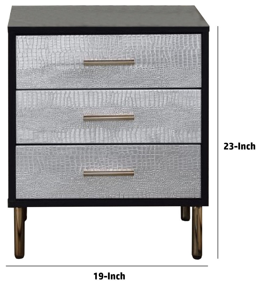 Benzara BM274661 19" Glamorous Style Nightstand, 3 Drawers, Black, Silver, Gold