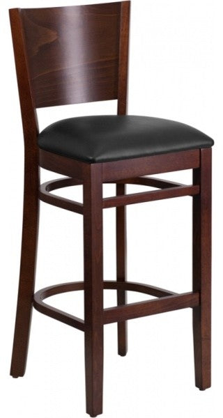 Modern Solid Back Walnut Wood Restaurant Barstool, Black Vinyl Seat