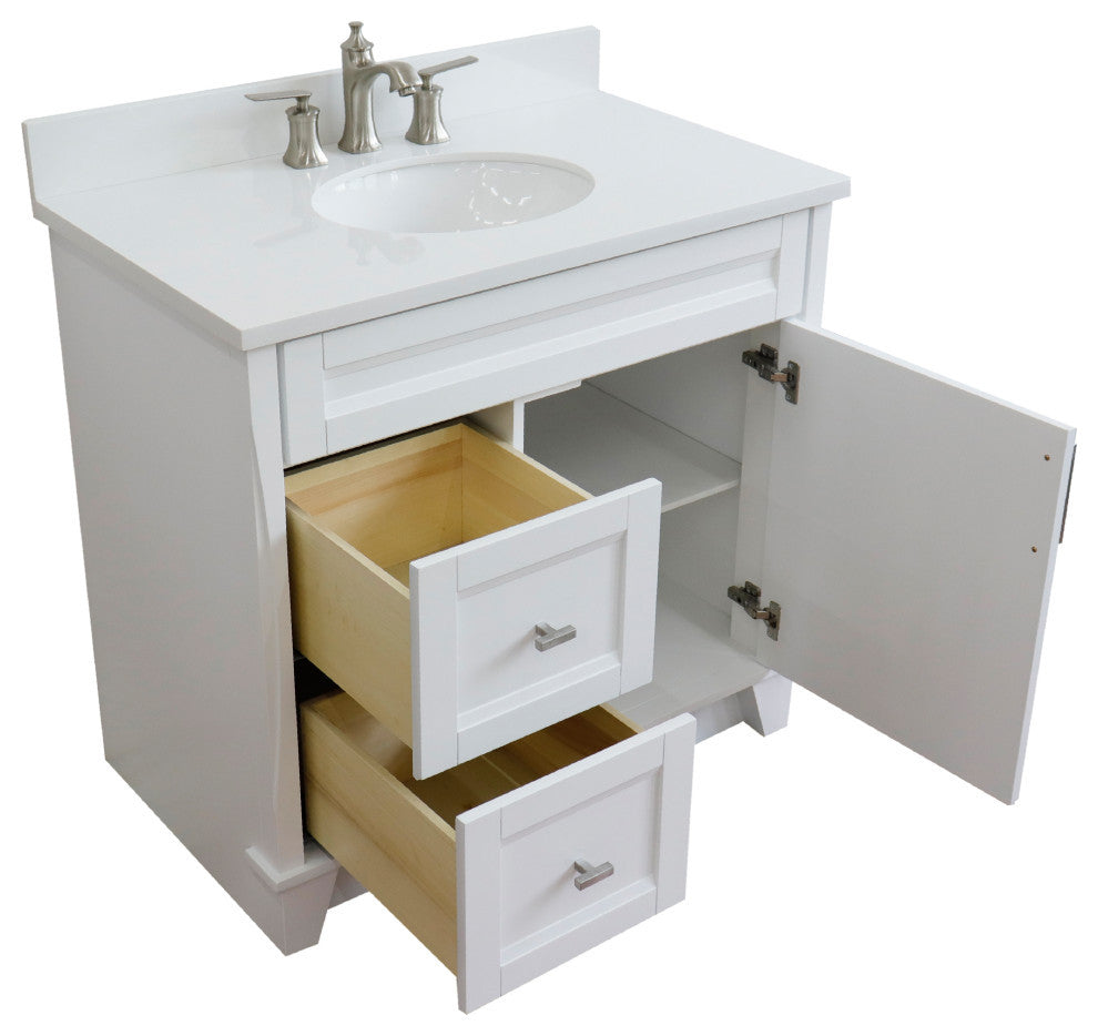 37" Single Sink Vanity, White Finish With White Engineered Stone Top