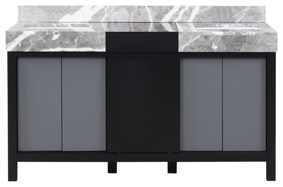 60" Double Vanity, Castle Gray Marble Tops, And White Square Sinks