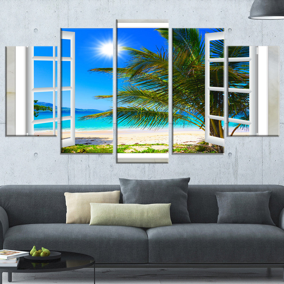 "Window Open To Beach With Palm" Seashore Wall Art, 5 Panels, 60"x32"