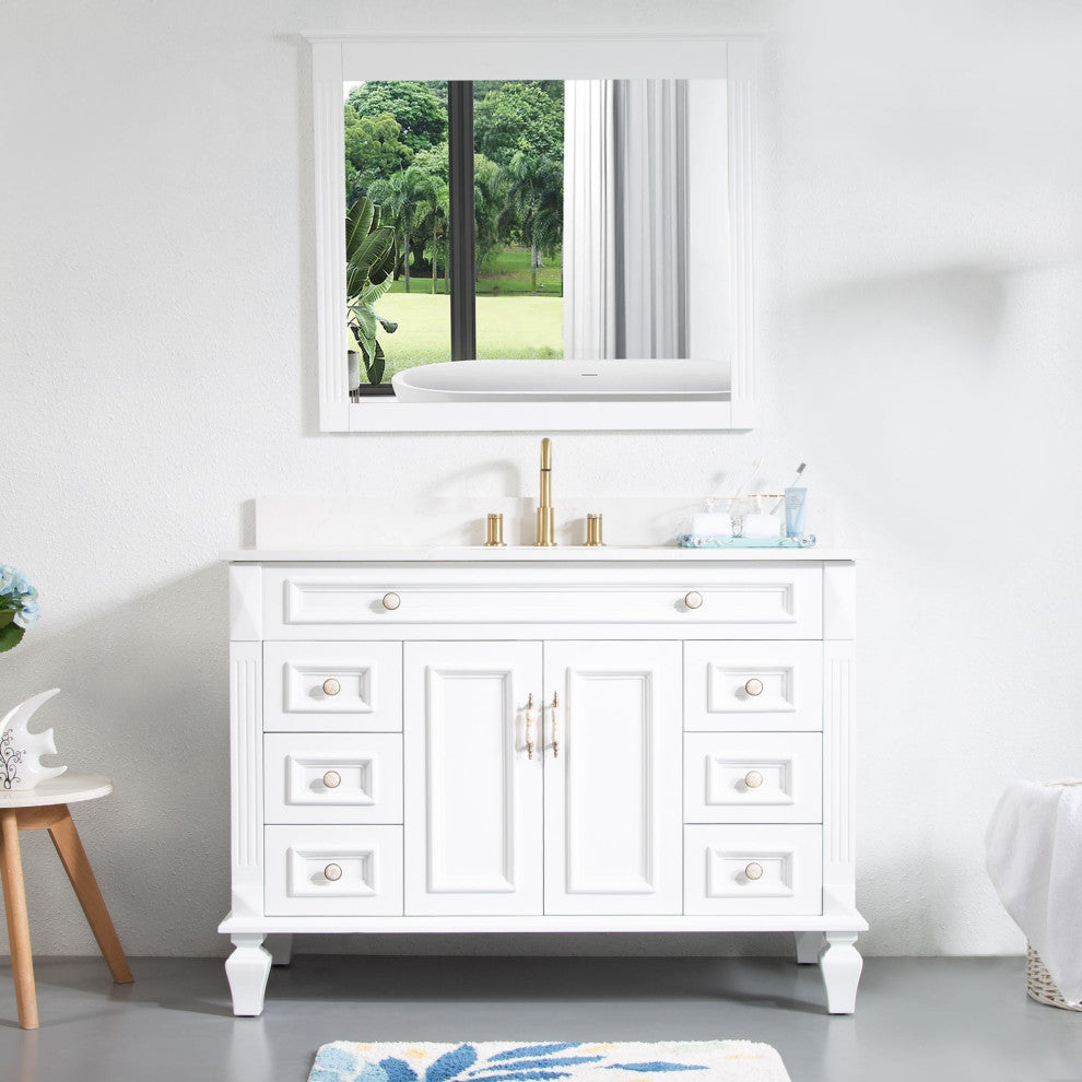 48 Inch Bathroom Vanity Set with 38 Inch Mirror, Quartz Top, cUPC Certified Sink, White